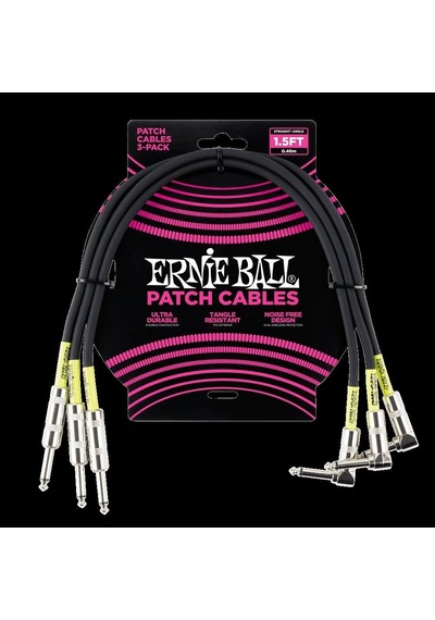 Ernie Ball Düz/açılı Yama Kabloları 18" 3'lü Paket Siyah