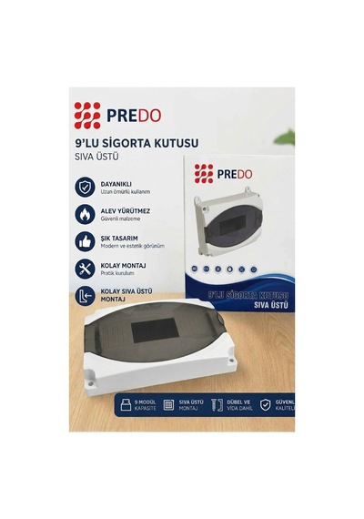 Predo 9'lu Sıva Üstü Sigorta Kutusu Şeffaf Füme Kapaklı 9 Modül