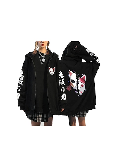 Tarzsokak Unisex Hoodie Fermuarlı Anime Demon Cleaver Slayer Mod.483 14681 Siyah