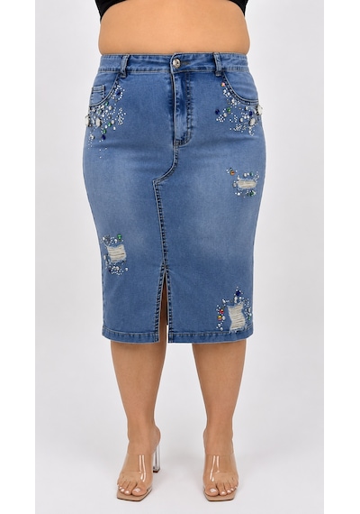 Zanessi Fashıon Büyük Beden Denim Taşlı Kalem Etek Mavi