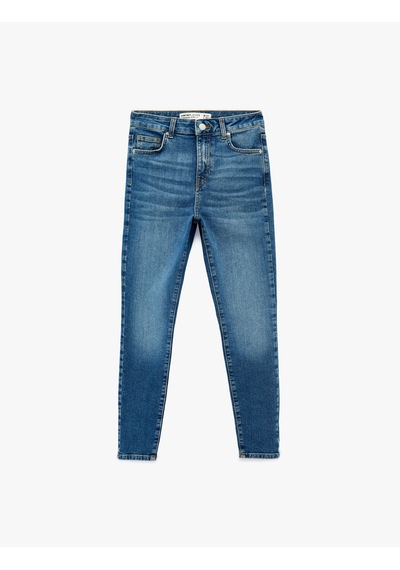 Koton Yüksek Bel Pamuklu Düğmeli Dar Paça Skinny Denim Pantolon - Skinny Push Up Fit Jean Orta İndigo 6sal40192md