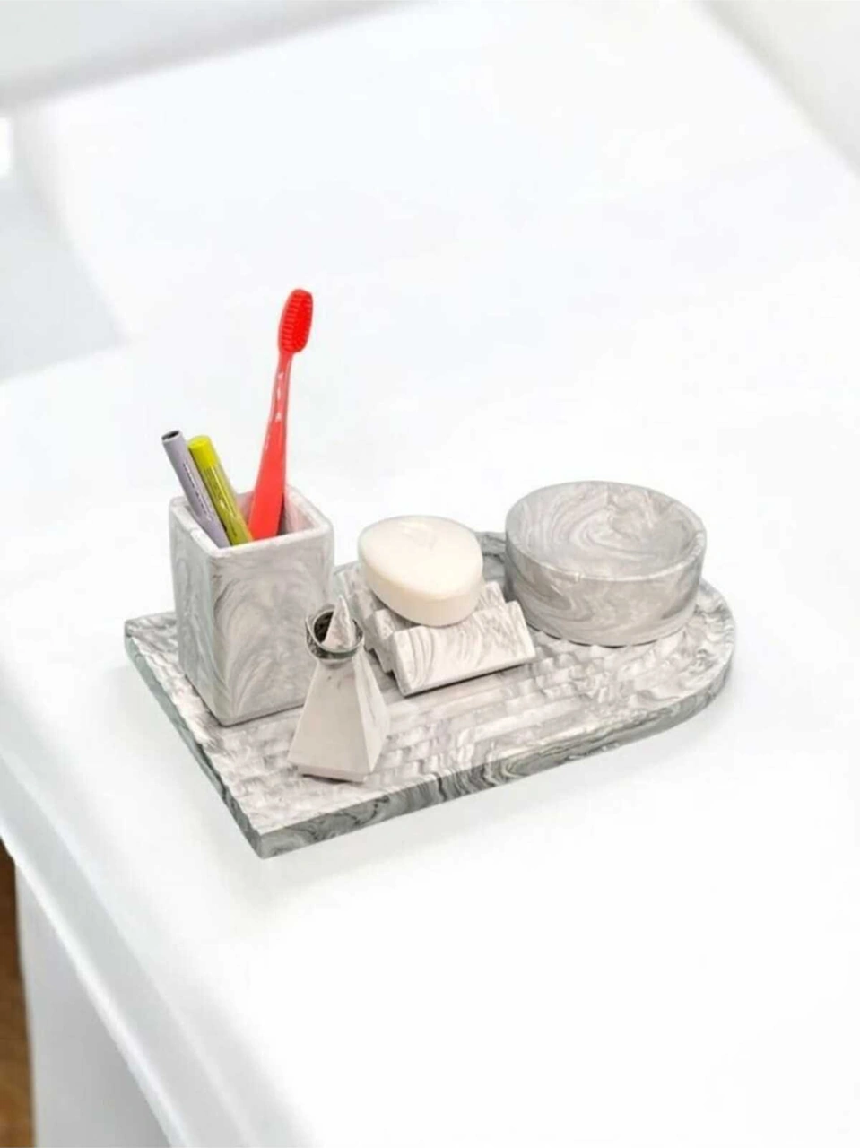 Archade Organizerli Beton Banyo Seti,banyo Seti,katı Sabunluk,diş Fırçalığı,tepsi,yüzüklük Gri