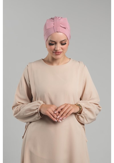 Hürrem Bone Pudra Pratik Hazır Geçmeli Fiyonklu Bone Sandy Çift Taraflı Çapraz 3007b 06 Pudra