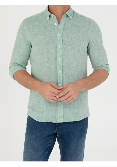 Cacharel Haki Slim Fit %100 Keten Gömlek Yeşil