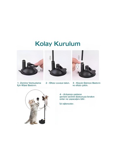 Vantuzlu Tüylü Zilli Olta Kedi Oyuncağı 2 Oltalı, Esnek Yaylı, Avcılık İçgüdülerini Geliştire