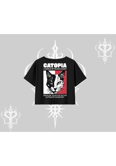 Tarzsokak Modern Kedi Temalı Arka Baskılı Oversize Crop Tshirt Siyah