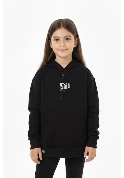 Kapüşonlu Art Baskılı Kanguru Cepli Kız Çocuk Sweatshirt-90850 Siyah