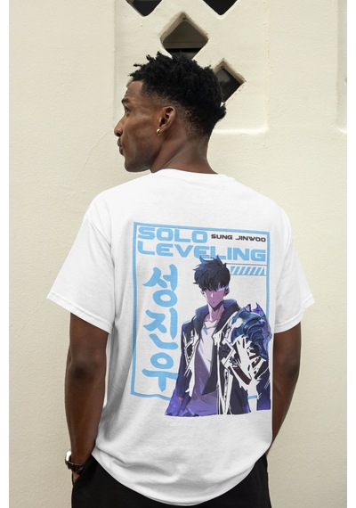 Solo Leveling Sung Jinwoo Sırt Baskılı Unisex Oversize Anime Tişö Beyaz