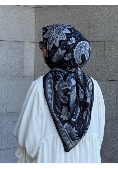 Qalortex Scarf Pamuklu Vintage Desen Eşarp-siyah/gri Siyah-Gri