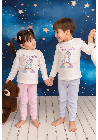 Pia Baby İsimli Kız Çocuk Pijama Takımı %100 Pamuk Penye İsme Özel Baskılı Kişiselleştirilebilir Pijama Seti 20466s14pi Krem