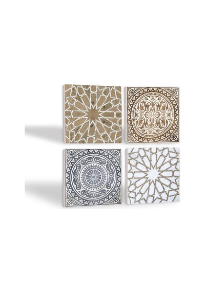 Etnik Desen Taş Bardak Altlığı Seti - 4 Parça - Dekoratif, Rustik Mutfak Aksesuarı, 10x10 Cm, Kaydırmaz Tabanlı, Diğer