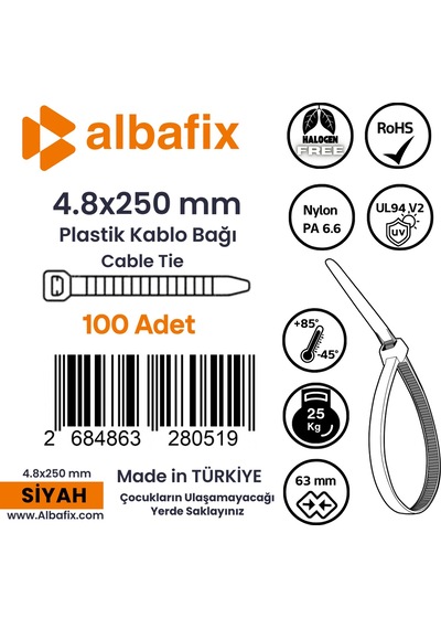 4.8x250 Mm Siyah Plastik Kablo Bağı Klipsi Cırt Kelepçe 100 Adet