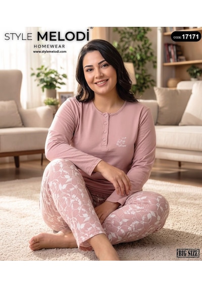 Melodi 17171 Uzun Kol %100 Pamuk Battal Büyük Beden Kadın Pijama Takımı Pembe