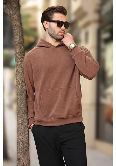 Madmext Kahverengi Kapüşonlu Cep Detaylı Dokulu Sweatshirt E7101 Kahverengi