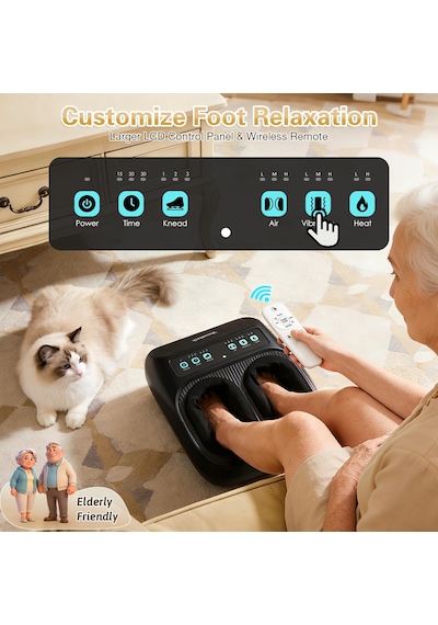 Veicomtech Isılı Shiatsu Ayak Masajı, Uzaktan Kumandalı Plantar Fasiit Nöropatisi İçin Elektrikli Masaj, Titreşim Ve Sıkıştırma Ayarlanabilir Siyah