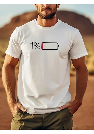 Erkek Sarj %1 Baskılı T-shirt Kısa Kol Bisiklet Yaka Regular Fit Tişört - Beyaz