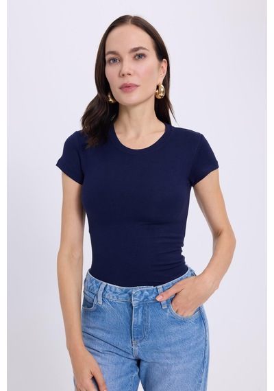 Tudors Kadın Regular Fit Klasik Kesim Bisiklet Yaka Viskon Kumaş Ultra Soft Lacivert Tişört-37795 Lacivert