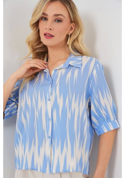 Defymoda Desenli Kısa Kol Crop Gömlek 20337 - Mavi Mavi