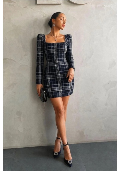 Emvera Kadın Kare Yaka Mini Uzun Kollu Elbise Saks