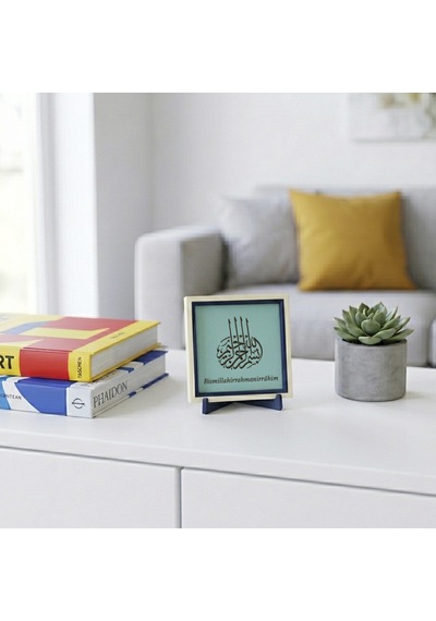 Besmele-i Şerif Modern Dekoratif Obje, Turkuaz Deri Ve 10x10 Cm Minyatür Tasarım, Ev & Ofis İçin