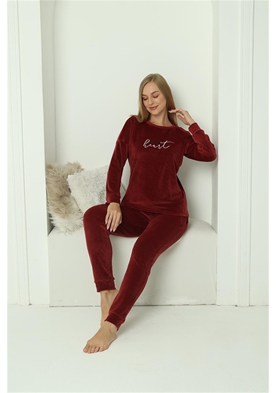 Akbeniz Kadın Kadife Bordo Pijama Takım 20624 - S Bordo