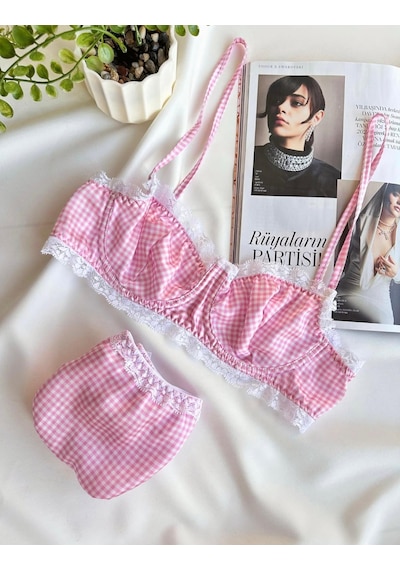 Pembe Saten Balenli Sütyen Takımı Pembe