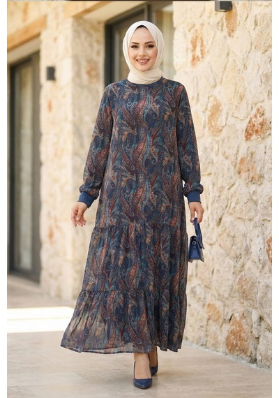 Hb Harma Time Butik Kadın İçi Şardonlu Desenli Lacivert Şifon Elbise