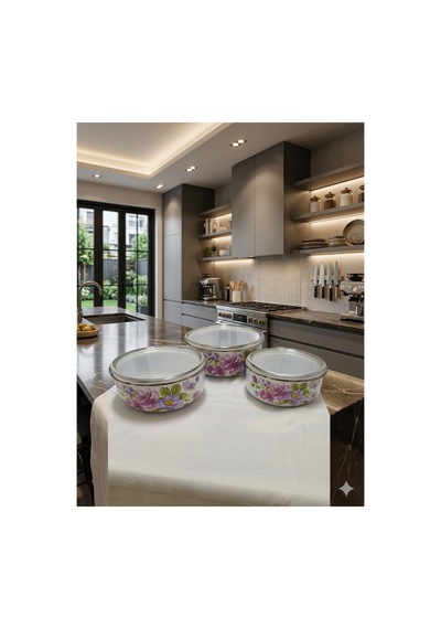 Ren-7694 Emaye 3 Lü Saklama Kabı Desenli 14-16-18 Cm Desenli