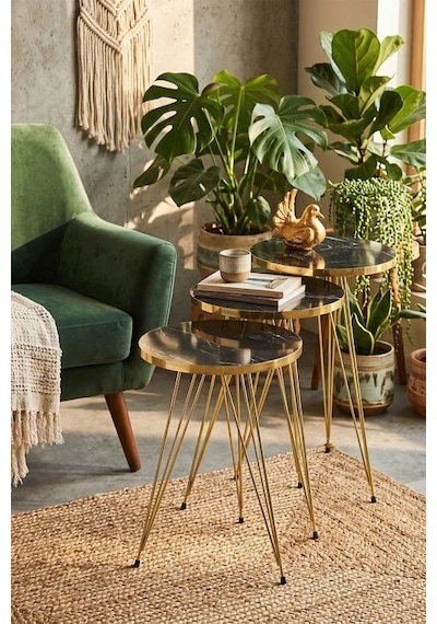 Odera Bendir Siyah Mermer Desenli Yuvarlak Zigon Sehpa 3'lü Set Gold Pvc Kenarlı Metal Ayaklı Retro Salon Sehpası Diğer