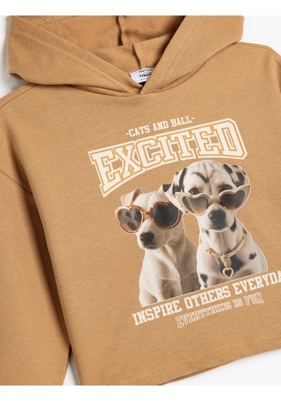 Koton Kapşonlu Sweatshirt Köpek Baskılı Uzun Kollu Pamuklu Kahverengi 5wkg10557ak Kahverengi