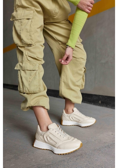 Hello Bej Hakiki Deri Kadın Sneaker-Bej