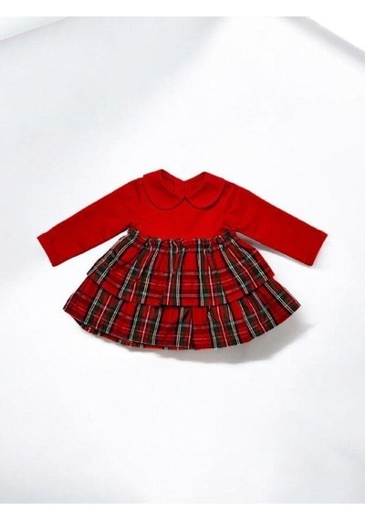 Çikoby Kız Bebek Bebe Yaka Ekose Desenli Elbise-14902 Kırmızı