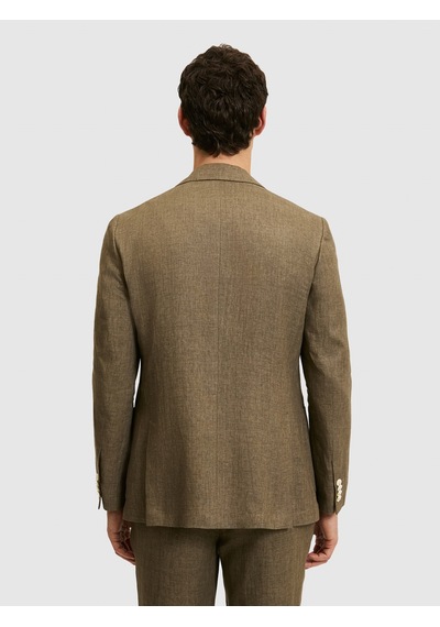 Cacharel Haki Slim Fit %100 Keten Mikro Desen Mono Yaka Ceket Yesıl