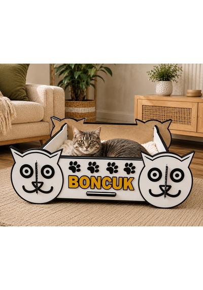 Kedi Figürlü Ahşap Kedi Yatağı 55x42 Cm 6 Mm Mdf Demonte Tasarım