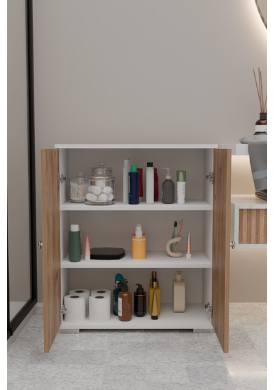 Şelale 3 Bölmeli Banyo Dolabı Deterjan Dolabı Banyo Rafı Meşe Meşe