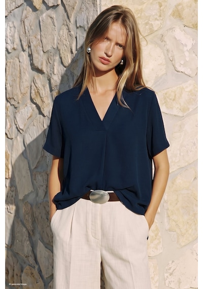 Sateen Geniş Kısa Kollu Bluz - Lacivert-137797