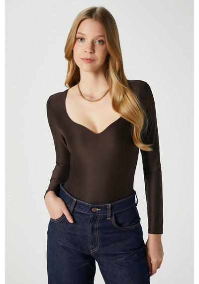 Ritnice Kadın Rich Kalp Yaka Polyamid Kahverengi Çıtçıtlı Body / Bluz Kahverengi