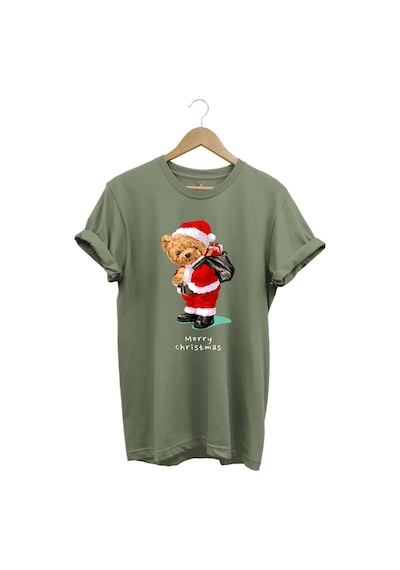 Yılbaşı Yeni Yıl Merry Christmas Sevimli Ayıcık Baskılı %100 Pamuk Regular Fit Haki T-shirt Haki