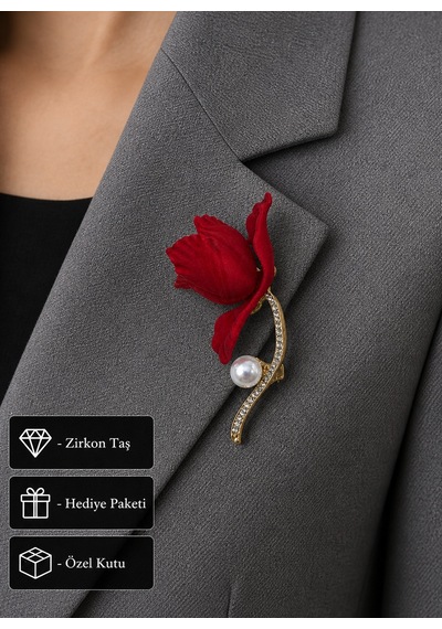Hediye Kırmızı Çiçek Tasarımlı İnci Detaylı Kadın Broş Açık Gri