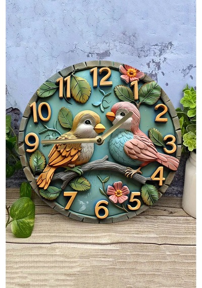 Kuş Figürlü Neşeli Aşk Temalı Mdf Duvar Saati 33 Cm Sdw334 Renkli
