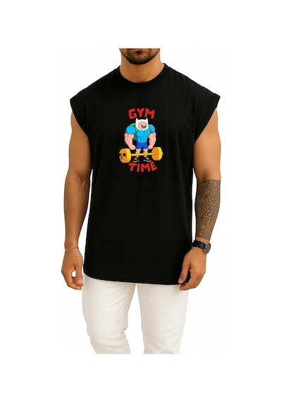 Bahriyeli Collection Oversize Adventure Time Gym Fitness Göğüs Baskılı Atlet Siyah