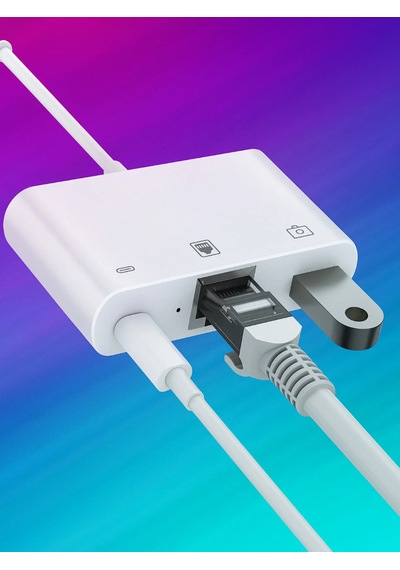Kb-10 Apple iPhone Uyumlu Lightning 3ın1 Ethernet Rj45 Ve Usb Kamera Adaptörü