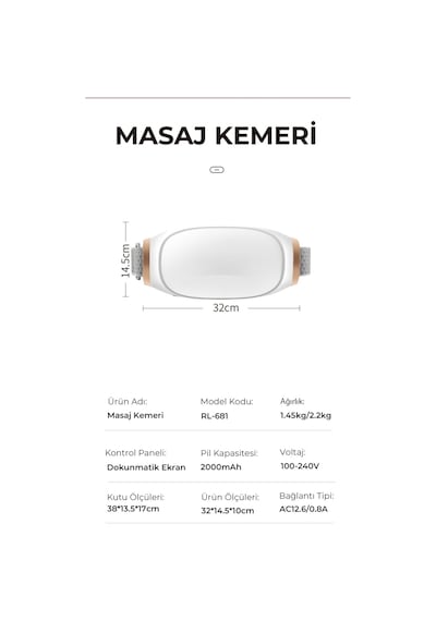 Masaj Kemeri Şarjlı Isıtmalı Çok Fonksiyonlu, Karın, Bel, Bacaklar Beyaz