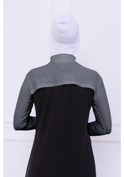 Loggia Balıkçı Yaka Boyunluklu Kolluk Açık Gri - Likralı Dik Yakalı Kadın Body Tesettür Crop Bolero Açık Gri