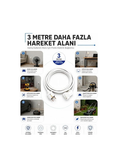 Viko Seyyar Uzatma Kablosu 3 Metre 3x2.5 Mm Cca Kablo Viko Erkek Dişi Fiş Klemensli Terminalli Topraklı Tse Ce Belgeli 3 M