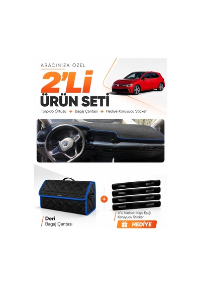Volkswagen Golf 8 2021-2025 Uyumlu Torpido Örtüsü + Deri Bagaj Çantası + Sticker Seti - Siyah Mavi