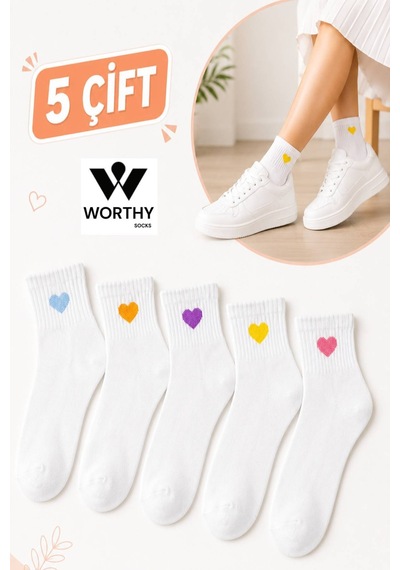 Worthy Socks 5'li Kalp Desenli Patik Bilek Çorap 5 Çift Beyaz