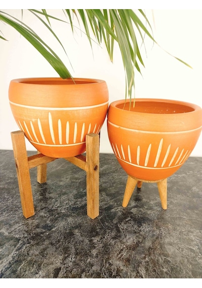 Bitki Tasarımı Ev Dekorasyon Dik Çizgi Desenli Terrakota Toprak Saksı İkili Set 3 Ayaklı- 4 Ayaklı-15 Cm