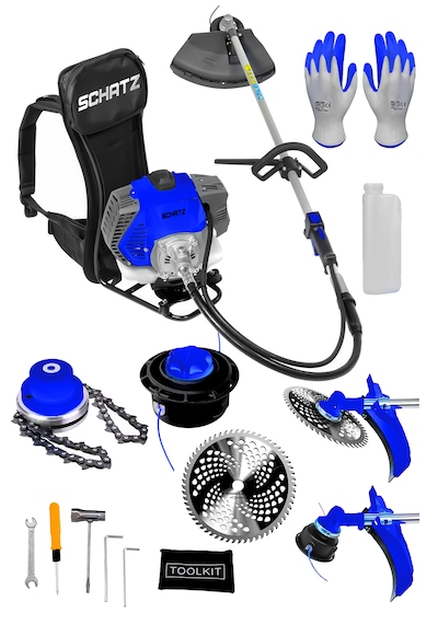 Schatz 5.9 Hp Sırt Tipi Benzinli Motorlu Ot Çalı Çim Biçme Tırpanı 11000rpm Mavi + Canavar Başlık