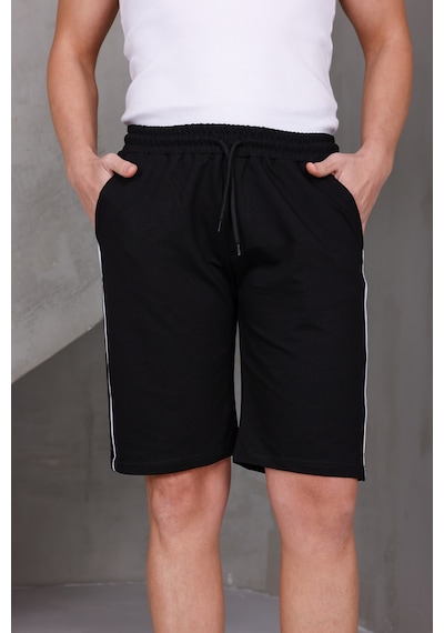 Dark Moda Erkek Şeritli Oversize İki İplik Kompakt Şort Siyah